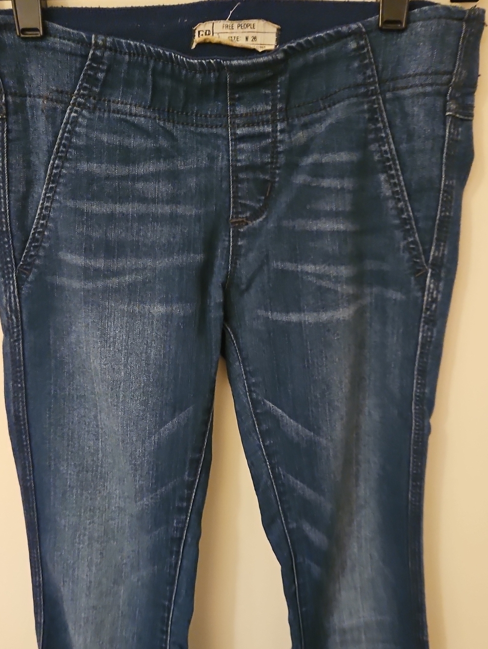 Free People Dark Blue Pull On Boot Cut Jeans with Subtle Whiskering